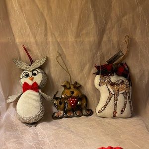 Christmas ornaments lot of 3-2 stuffed animals a owl & deer. 1 metal puppy dog